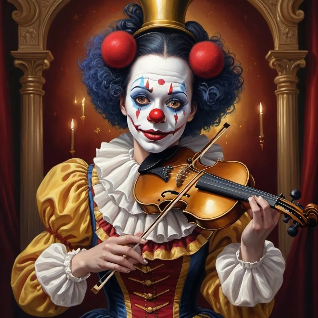 Prompt: a painting of a dark headed female clown with a gold violin and a ball in front of him, with a red clown's face painted on it, magical ambiance, friendly, highly detailed digital painting, an ultrafine detailed painting.  Add Renaissance background.  Adorn with mystic florals.  Add moon influences