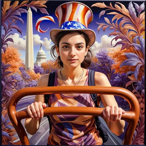 Prompt: A (masterful) Seven Wonders Art Glass Studio painting, depicting a (charming) magician man in a (patriotic) top hat, joyfully riding a rollercoaster in Liberty Park, featuring vibrant colors and whimsical elements, with a prominent Washington Monument in the background, intricately integrated with the phrase (accurately spelled text "Yankee Doodle"), all while encapsulating the theme of (honoring Nuit and the Aeon of Horus), ultra-detailed, colorful and dynamic atmosphere.