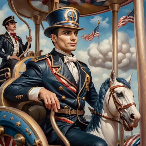 Prompt: (Acrylic painting of a magician man), wearing a (patriotic top hat), joyfully riding a (whimsical rollercoaster) in Liberty Park, with (HD details), vibrant colors, and enchanting motifs. The scene features the (Washington Monument) in the background, as well as the phrase (accurately spelled text "Yankee Doodle"). An aura of celebration and magic surrounds the image, honoring Nuit and the Aeon of Horus.