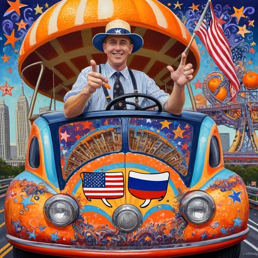 Prompt: (accurately spelled text "Yankee Doodler"), (psychedelic style), (vibrant color scheme), vibrant paint splashes, detailed painting, surreal theme, Russian individual holding a Florida orange symbolizing Republican endorsement, bold patterns, roller coaster car, American flag waving dramatically, Washington D.C. skyline in the background, whimsical elements, bright and vivid colors, intricate details, high-quality image, ultra-detailed.