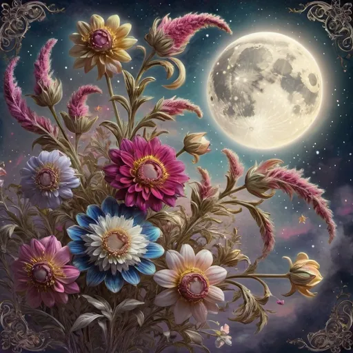 Prompt: (accurately spelled text "the moon is in the sky"), vibrant (flowers in various colors), luminous (moon casting a gentle glow), enchanting night sky, intricate patterns, rich textures, elegant frame, (fantasy art), whimsical atmosphere, highly detailed digital painting, ethereal luminescence, 4K quality, visually captivating composition.