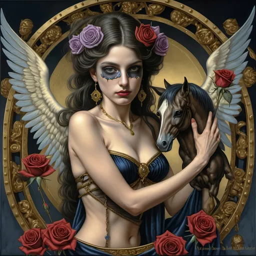 Prompt: a 7 Wonders Art Glass Studio oil painting (honoring Nuit) of the God Eros with a horse on a swing (Carousel of Gods) with wings and a rose on his chest,, Evelyn De Morgan, neoclassicism, highly detailed digital painting, a detailed painting hues of brilliant gold, azure, and purples