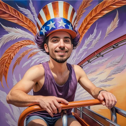 Prompt: A Seven Wonders Art Glass Studio masterpiece painting of a man in a patriotic hat riding Freedom rollercoaster in D. C.’s new amusement park named Freedom Park.  Honoring Nuit.