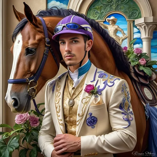 Prompt: A Seven Wonders Art Glass Studio portrait painting of a horse jockey and his horse at the Kentucky Derby.  Renaissance period with Art Deco style attire and style.   a painting honoring Nuit in colors of azure, gold, and purples.