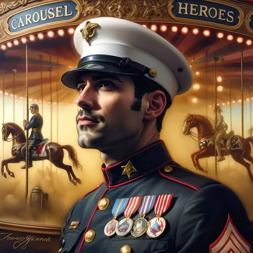 Prompt: A Seven Wonders Art Glass Studio oil renaissance painting of a man in military uniform riding on Carousel of Heroes.  Honors veterans and those serving in U.S. Military.  Honoring Nuit.  