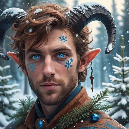 Prompt: a man with horns and blue eyes in a snowy forest with fir trees and snowflakes on his face, Evan Charlton, fantasy art, epic fantasy character art, a character portrait