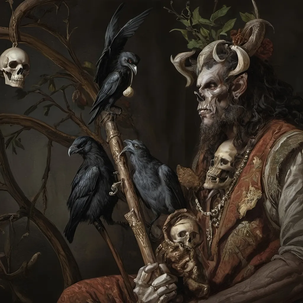 Prompt: (Renaissance still life) (man magician satyr), (dark color scheme), (elegant pose), intricately detailed horns, holding a cane topped with a (skull orb), a menacing (skull orc) at his side, a (crow) gracefully perched on his shoulder, rich textures, captivating shadows, high contrast highlights, evoking a sense of mystical allure, enhanced with (ultra-detailed) features, atmospheric depth and somber elegance.