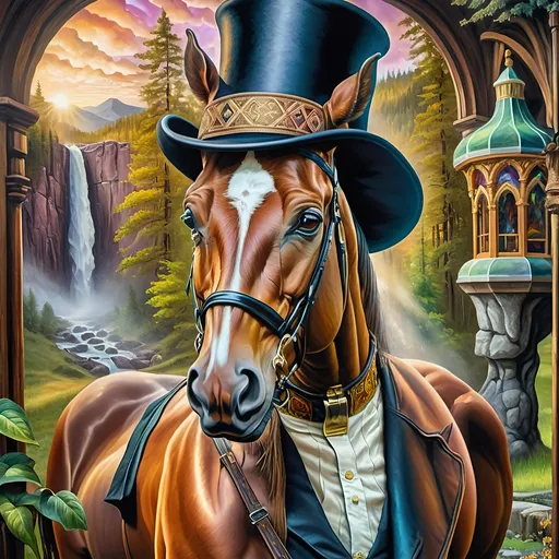 Prompt: (A psychedelic oil painting) of a magician, (a man with a top hat and cane), vivid color palette, enchanting scene, intricate stained glass window behind him, whimsical patterns, surreal atmosphere, mystic aura, high contrast lighting, art reflecting the imaginative essence of seven wonders, (ultra-detailed), captivating and dreamlike ambiance.