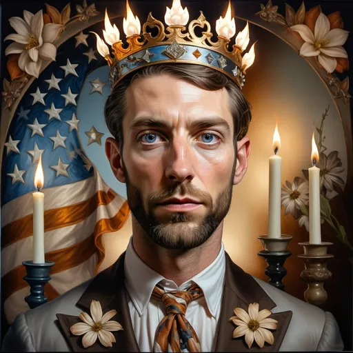 Prompt: A Seven Wonders Art Glass Studio painting of a man wearing a crown and American flag behind him with candles in the background and a candle lit room, Charles Bird King, american realism, highly detailed digital painting, a character portrait honoring Nuit.