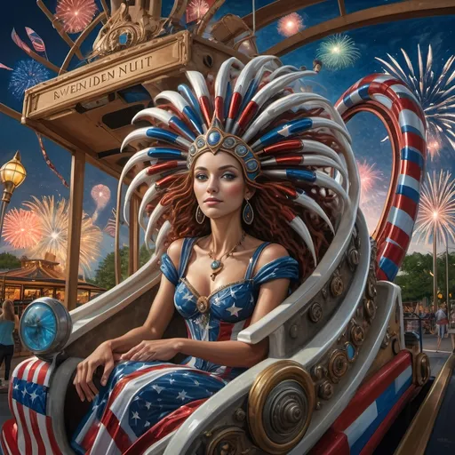 Prompt: (7 Wonders Art Glass Studio), a person in (patriotic dress), riding a vibrant rollercoaster at Liberty Park, fireworks bursting in the dark sky, U.S. flag-themed floats in the background, the illuminated Capital Wheel on the Wharf, celebrates the essence of freedom, (cultural homage to goddess Nuit), energetic ambiance, verdant park surroundings, (4K) resolution, ultra-detailed composition, festive and inspiring atmosphere.