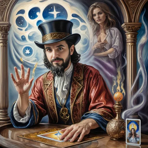 Prompt: A Seven Wonders Art Glass Studio oil masterpiece of a magician summoning guidance from High Priestess tarot card reading, art, tarot card, a detailed painting