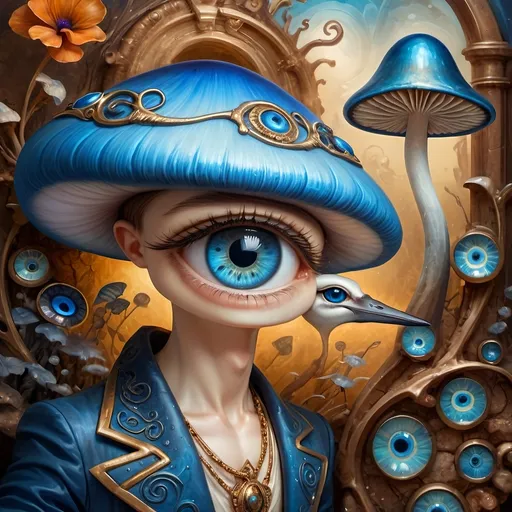 Prompt: (7 Wonders Art Glass Studio masterpiece oil painting), a magical mushroom, blue shell, blue eye (Eye of Horus), enchanting atmosphere, vibrant colors, surreal details, whimsical elements, mystical background, soft lighting, HD resolution, captivating composition, dreamlike surroundings, colorful expression, intricate textures, nature-inspired themes, rich artistic depth, alive with creativity.