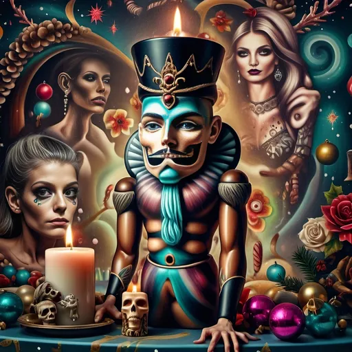 Prompt: (nutcracker), (candle and candle holder), surrounded by (Christmas decorations), (psychedelic art style), (vibrant color scheme), (extremely detailed), (oil painting), (airbrush painting), inspired by (Anne Stokes), (pop surrealism), dynamic patterns and textures, warm and festive ambiance, high-quality artistry, rich hues melding into each other, whimsical elements drawing viewers in, enchanting holiday spirit, magical atmosphere.