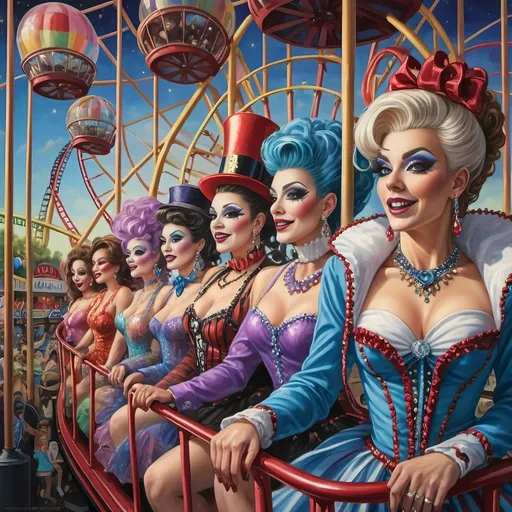 Prompt: (A magnificent oil masterpiece detailing) a group of vibrant drag queens, (spectacularly dressed) in fabulous clothing, joyfully riding the Nation’s New drag queen roller coaster in Liberty Park. In the background, (radiant) Ferris Wheel of Drag Queens looms, overlooking colorful local attractions under a (whimsical) nighttime sky, honoring the spirit of Nuit. (Ultra-detailed, vivid colors) bring this dynamic scene to life, celebrating pride and creativity.