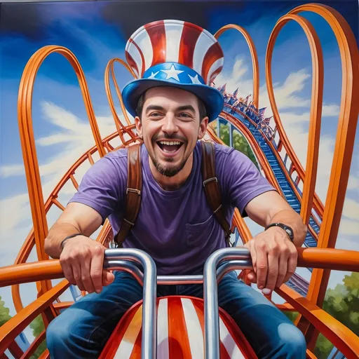 Prompt: A Seven Wonders Art Glass Studio masterpiece painting of a man in a patriotic hat riding Freedom rollercoaster in D. C.’s new amusement park named Freedom Park.  Honoring Nuit.