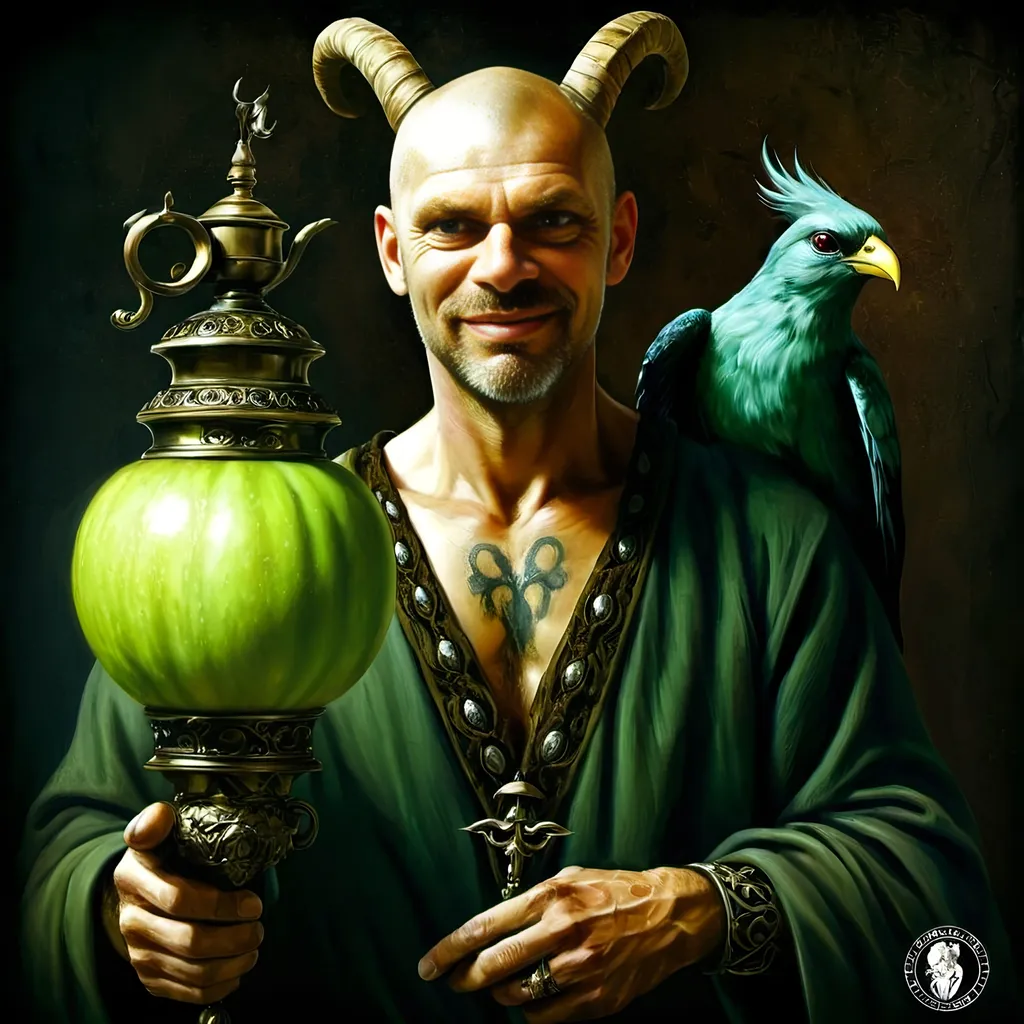 Prompt: (renaissance style), dark color scheme, a man with a horned head, a bird perched on his shoulder, holding a lamp in one hand, a green apple in the other, inspired by Esao Andrews, (highly detailed), fantasy art, character portrait, intricate details, rich textures, dramatic lighting, moody ambiance, ultra-detailed digital painting.