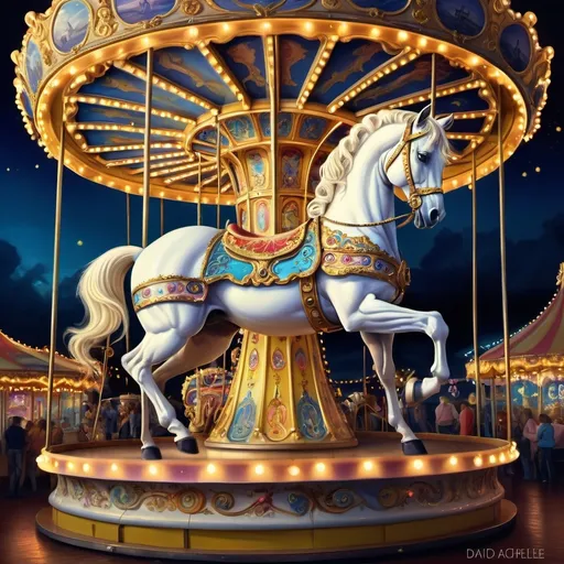 Prompt: (dynamic carousel scene), (white horse) elegantly perched atop, adorned with vibrant lights illuminating its sides, (David LaChapelle style), (pop surrealism), mesmerizing hues of deep blues and bright yellows enveloping the atmosphere, intricately designed structures surrounding the carousel, (ultrafine details), (high-quality digital painting), enchanting and whimsical ambiance, captivating details, soft glowing lights in a dreamlike setting.