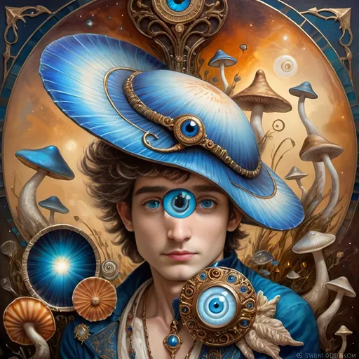 Prompt: (7 Wonders Art Glass Studio masterpiece), oil painting, (honoring Nuit), magical mushroom, (vibrant blue shell), (striking blue eye), Eye of Horus, rich textures, dreamy atmosphere, whimsical background, stars and cosmic elements, (ethereal lighting), enchanting details, high-quality, ultra-detailed composition, surreal and imaginative style.