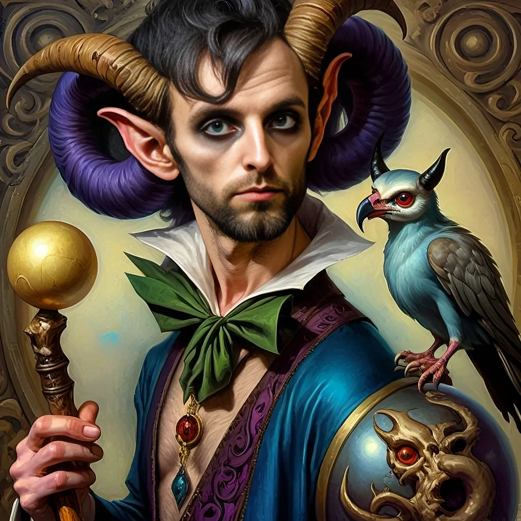 Prompt: A (captivating) oil painting depicting a (mysterious magician) with a (horned head), a (bird perched gracefully on his shoulder), holding a (beautifully crafted cane) and an (orb in his hand), beautifully capturing themes of (fantasy) and (transformation). Character portrait-style, influenced by (Clint Cearley's) signature artistry, with ethereal hues and (vivid detailing) honoring the legendary figures of (Pan and Nuit), set against a dreamy, (surreal background) that evokes wonder.