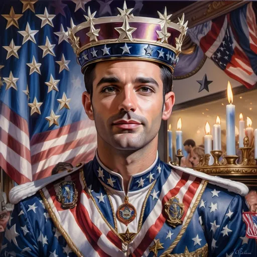 Prompt: A Seven Wonders Art Glass Studio painting of a man wearing a crown and American flag behind him with candles in the background and a candle lit room, Charles Bird King, american realism, highly detailed digital painting, a character portrait honoring Nuit.