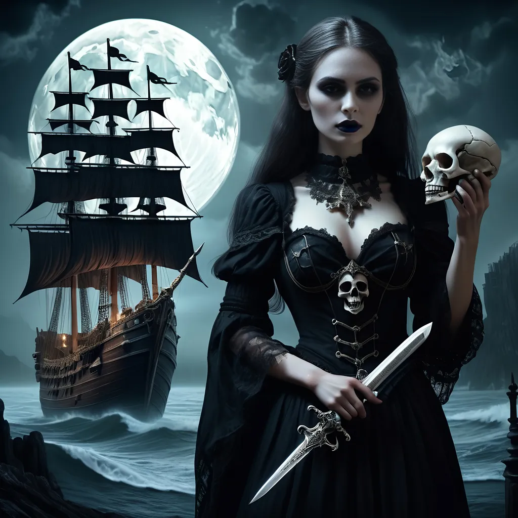 Prompt: a woman holding a skull and a sword in front of a ship with a full moon in the background, Anne Stokes, gothic art, dark fantasy art, a detailed matte painting