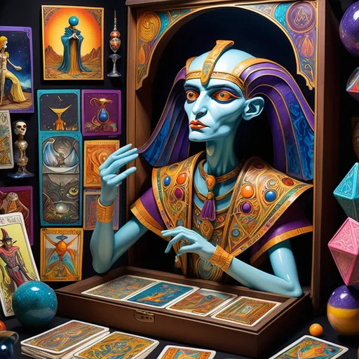 Prompt: A (beautiful) 7 Wonders Art Glass Studio painting, (detailed) puppet in a box (Jack-in-the-Box), surrounded by (colorful) Thoth Tarot cards (Honoring Nuit), (intricate) mirror with a face, (mysterious) esoteric magic in the background, (vibrant colors) and (dramatic lighting), (highly detailed) artwork, (whimsical and surreal) atmosphere.