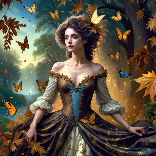 Prompt: (Honoring Nuit, Autumn Equinox), (Renaissance style), woman depicted as nature, flowing dress, butterfly in hair, rich and dark color palette, lush foliage backdrop, mood of serenity and mystery, intricate details in hair and dress, soft chiaroscuro lighting, evocative atmosphere, ultra-detailed, masterful composition, capturing the essence of autumn transition.