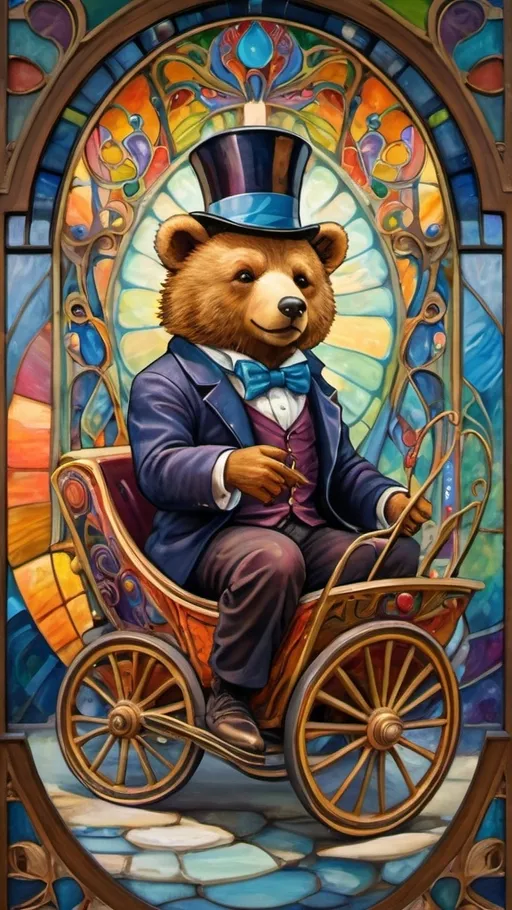 Prompt: Art nouveau painting of a (magician riding a cart shaped like a cub bear), vibrant color scheme, (hallucinogenic swirls) and (patterns), whimsical amusement park ambiance, (constructed from stained glass and porcelain), richly detailed textures, (dreamlike atmosphere), enchanting backdrop filled with colorful attractions, captivating light play, ultra-detailed, imaginative masterpiece.