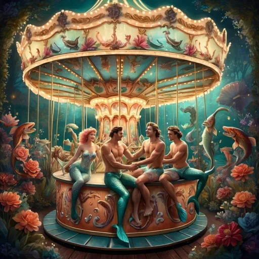 Prompt: (vintage style), husband men mermen beneath a softly illuminated carousel, surrounded by (whimsical flora), softly glowing lights casting enchanting shadows, (whimsical atmosphere), rich and deep colors capturing an ethereal and magical vibe, (vibrant color scheme), ultra-detailed painting, beautifully intricate details, enchanting movement, dreamlike scenario, HD, vintage texture.