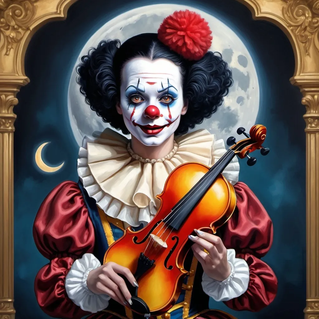 Prompt: a painting of a dark headed female clown with a gold violin and a ball in front of him, with a red clown's face painted on it, magical ambiance, friendly, highly detailed digital painting, an ultrafine detailed painting.  Add Renaissance background.  Adorn with mystic florals.  Add moon influences