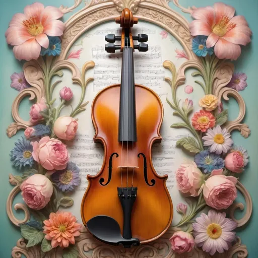 Prompt: (violin), (Renaissance art style), (anatomically correct), (pastel color scheme), elaborate details on the violin's back, vibrant floral arrangement in the background, inspired by Ernst Haeckel and Flemish Baroque, folk art influence, expressive and whimsical, high detail, soft lighting, serene ambiance, visually captivating.