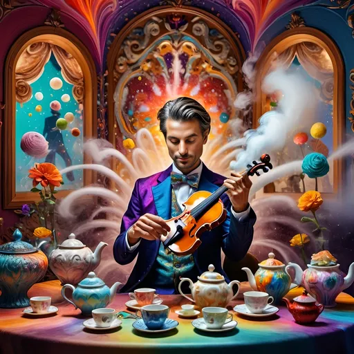 Prompt: (psychedelic still life portrait), vibrant colors, (magician jack-in-the-box man), whimsical tea party ambience, enchanting teapots, magical items animated around him, open book in front, dreamy and surreal atmosphere, intricate details, flowing patterns, mesmerizing depth, an explosion of colors, high-definition masterpiece, captivating and playful vibe.