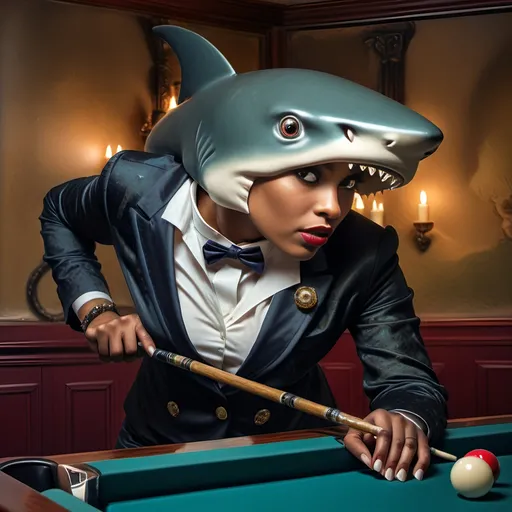 Prompt: (shark in a suit, playing pool), fine art, (pop surrealism) influences, classical painting style, whimsical atmosphere, (detailed textures), vibrant color tones, deep blues and greens, mixed with rich burgundies, engaging composition, pool cues and balls (surreal twist), intricately painted background with elements of artistry, 4K quality, (evocative mood), inspired by 7 Wonders Art Glass Studio, honoring Nuit.