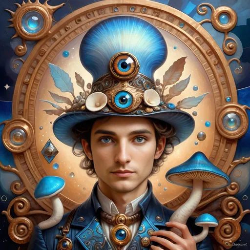 Prompt: (7 Wonders Art Glass Studio masterpiece), oil painting, (honoring Nuit), magical mushroom, (vibrant blue shell), (striking blue eye), Eye of Horus, rich textures, dreamy atmosphere, whimsical background, stars and cosmic elements, (ethereal lighting), enchanting details, high-quality, ultra-detailed composition, surreal and imaginative style.