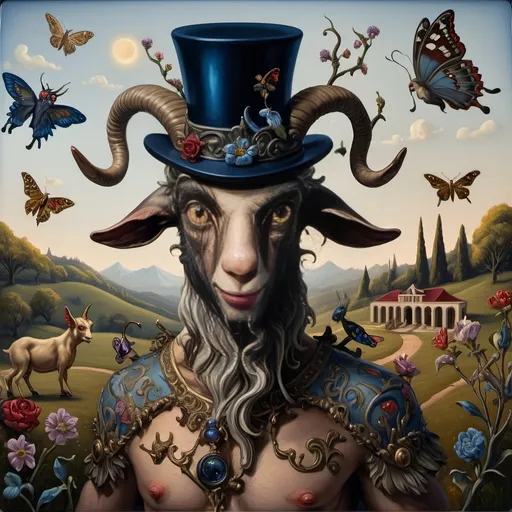 Prompt: (A seven wonders art glass studio) masterpiece oil painting, detailed depiction of a whimsical goat wearing a (top hat) adorned with vibrant flowers, accompanied by a graceful butterfly symbolizing Nuit. Spring Equinox 1467, infused with (Renaissance) influences, demonstrating a blend of pop surrealism in the style of pj crook, vivid colors and intricate details create a captivating atmosphere. 