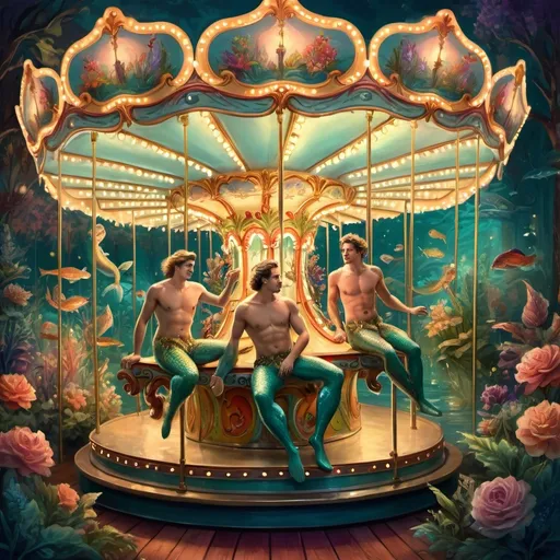 Prompt: (vintage style), husband men mermen beneath a softly illuminated carousel, surrounded by (whimsical flora), softly glowing lights casting enchanting shadows, (whimsical atmosphere), rich and deep colors capturing an ethereal and magical vibe, (vibrant color scheme), ultra-detailed painting, beautifully intricate details, enchanting movement, dreamlike scenario, HD, vintage texture.