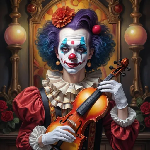 Prompt: (art nouveau style), (vibrant color scheme), clown with a violin in hand, clown face makeup, in front of a mirror, inspired by Anne Stokes, (pop surrealism), highly detailed, (oil painting), fine art painting, intricate patterns, whimsical atmosphere, dramatic lighting, rich textures, ornate background elements, captivating expression, enchanting portrayal, 4K, ultra-detailed.