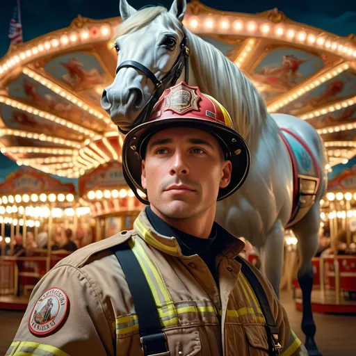 Prompt: (Boroque style) portrait of a firefighter, (pastel color scheme), standing in front of a beautifully illuminated carousel at night, featuring a majestic horse, embodying courage and readiness, inspired by David LaChapelle, (photorealistic painting), vibrant lighting, a blend of softness and detail, commemorative atmosphere, emphasizing heroism, professional quality, exquisite detailing,¾  intricately designed background and setup.