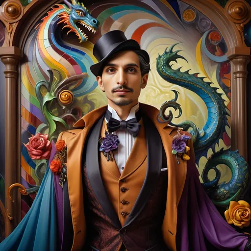 Prompt: (art deco style), vibrant color scheme, (exciting misc-macabre painting), intricate depiction of a magician man with a striking expression, a (dark, ornate dragon) resting on his shoulder, (heavy porcelain) and (stained glass) accents, dramatic lighting, highly detailed features, cinematic atmosphere, mesmerizing composition, luxurious textures, (4K) ultra-detailed imagery, captivating blend of elegance and the eerie.