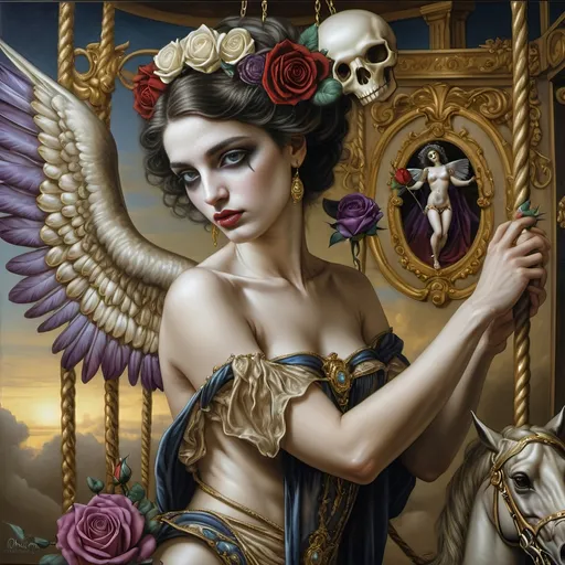 Prompt: a 7 Wonders Art Glass Studio oil painting (honoring Nuit) of the God Eros with a horse on a swing (Carousel of Gods) with wings and a rose on his chest,, Evelyn De Morgan, neoclassicism, highly detailed digital painting, a detailed painting hues of brilliant gold, azure, and purples