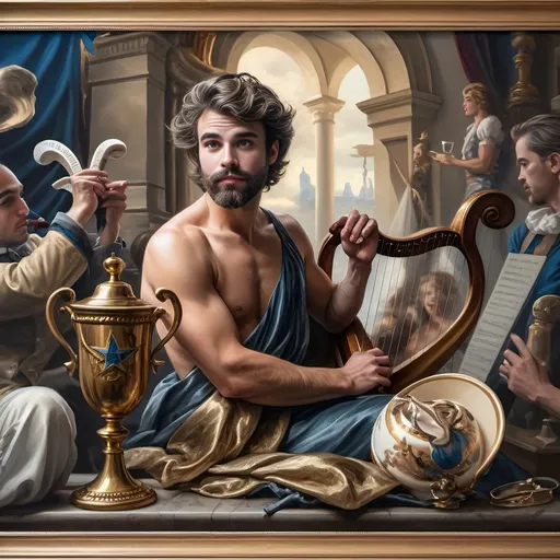 Prompt: Honoring Nuit, this is a Seven Wonders Art Glass Studio oil painting of a man with a beard holding a harp and a cup of wine next to a golden cup, Ditlev Blunck, neoclassicism, classical painting, a flemish Baroque.  Printing captures a mortal honoring the God Pan.