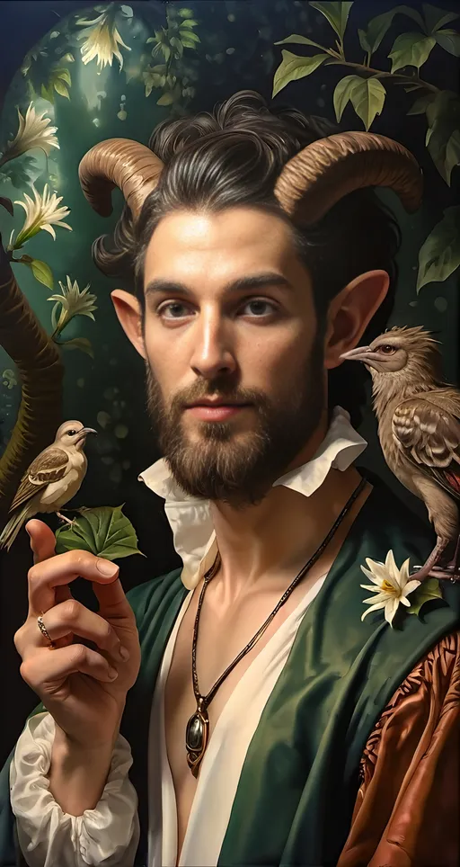 Prompt: Renaissance oil painting, (ultra-detailed), (character portrait) of a Magician transforming into a Satyr in lush Arcadia, surrounded by lush greenery, delicate flowers, gentle sunlight filtering through trees. The man with impressive horns and an ornate orb on his wand, a majestic bird perched on his shoulder, evoking magic and honor. Capturing the essence of Pan and Nuit in a vivid, enchanting atmosphere. High-quality craftsmanship from Seven Wonders Art Glass Studio.