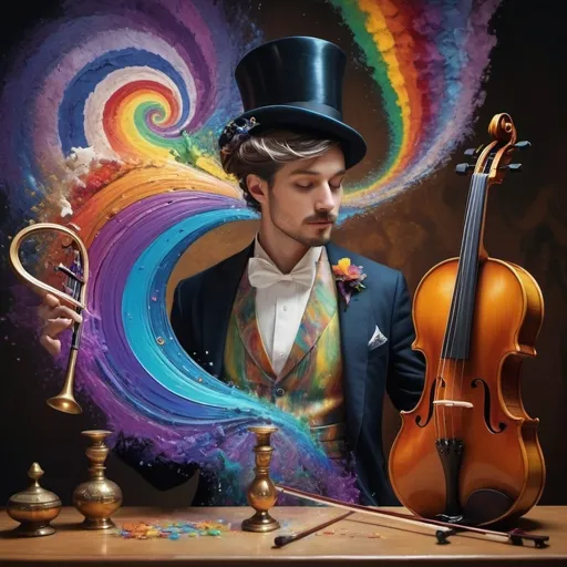 Prompt: (Hearing in Color), art deco style, vibrant color scheme, (complex rainbow swirl) background, painting of a man playing violin, intricate items surrounding him, (renaissance still life) elements, (music flowing as a rainbow), dynamic movement, mixing visual art with sound, hyper-detailed, rich textures, cinematic ambiance, enchanting atmosphere, (4K ultra-detailed quality), colorful symphony of sight and sound.