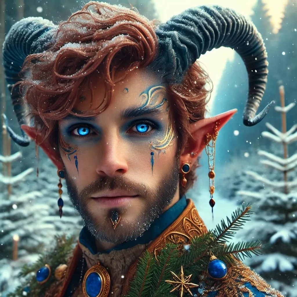 Prompt: a man with horns and blue eyes in a snowy forest with fir trees and snowflakes on his face, Evan Charlton, fantasy art, epic fantasy character art, a character portrait