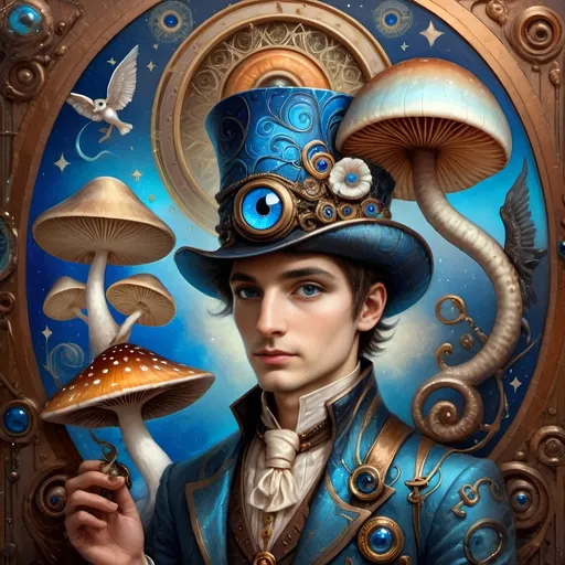 Prompt: (7 Wonders Art Glass Studio masterpiece), oil painting, (honoring Nuit), magical mushroom, (vibrant blue shell), (striking blue eye), Eye of Horus, rich textures, dreamy atmosphere, whimsical background, stars and cosmic elements, (ethereal lighting), enchanting details, high-quality, ultra-detailed composition, surreal and imaginative style.