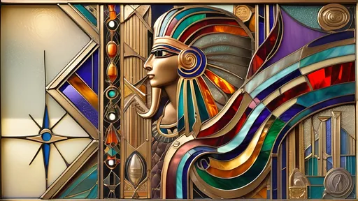 Prompt: A Seven Wonders Art Glass Studio Art Deco Designed Stained Glass window.  Honors the Aeon of Horus as Egyptian Diety in Tiffany Gallery glass copper foil method.  Masterpiece design.