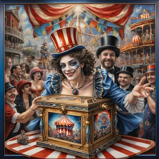 Prompt: A Seven Wonders Art Glass Studio oil masterpiece painting honoring Nuit.  Pandora’s Magical Music Box of carnival and circus freaks.  highly detailed oil painting, an ultrafine detailed painting