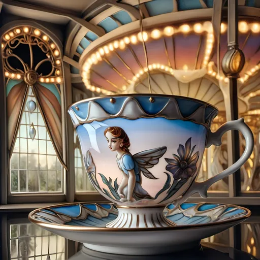 Prompt: A Seven Wonders Art Glass Studio oil painting of an enchanted tea cup.  A magical tea cup on a carousel of dreams that turns into a magical world.  Fine detail.  Porcelain detail, various ages, cracks.