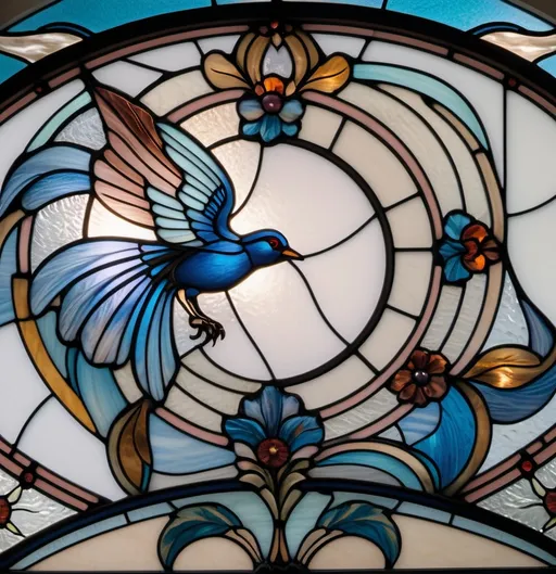 Prompt: A Seven Wonders Art Glass Studio large stained glass window design honoring Nuit.  Constructed using copper foil and solder method, a bird with a yellow and red tail and wings.  Art Deco design including colors of the period.