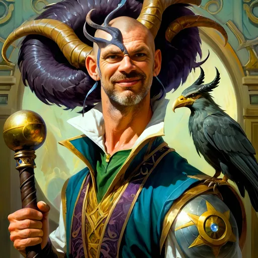 Prompt: a man with a horned head and a bird on his shoulder holding a hammer and a ball in his hand, Donato Giancola, fantasy art, fantasy character portrait, a character portrait